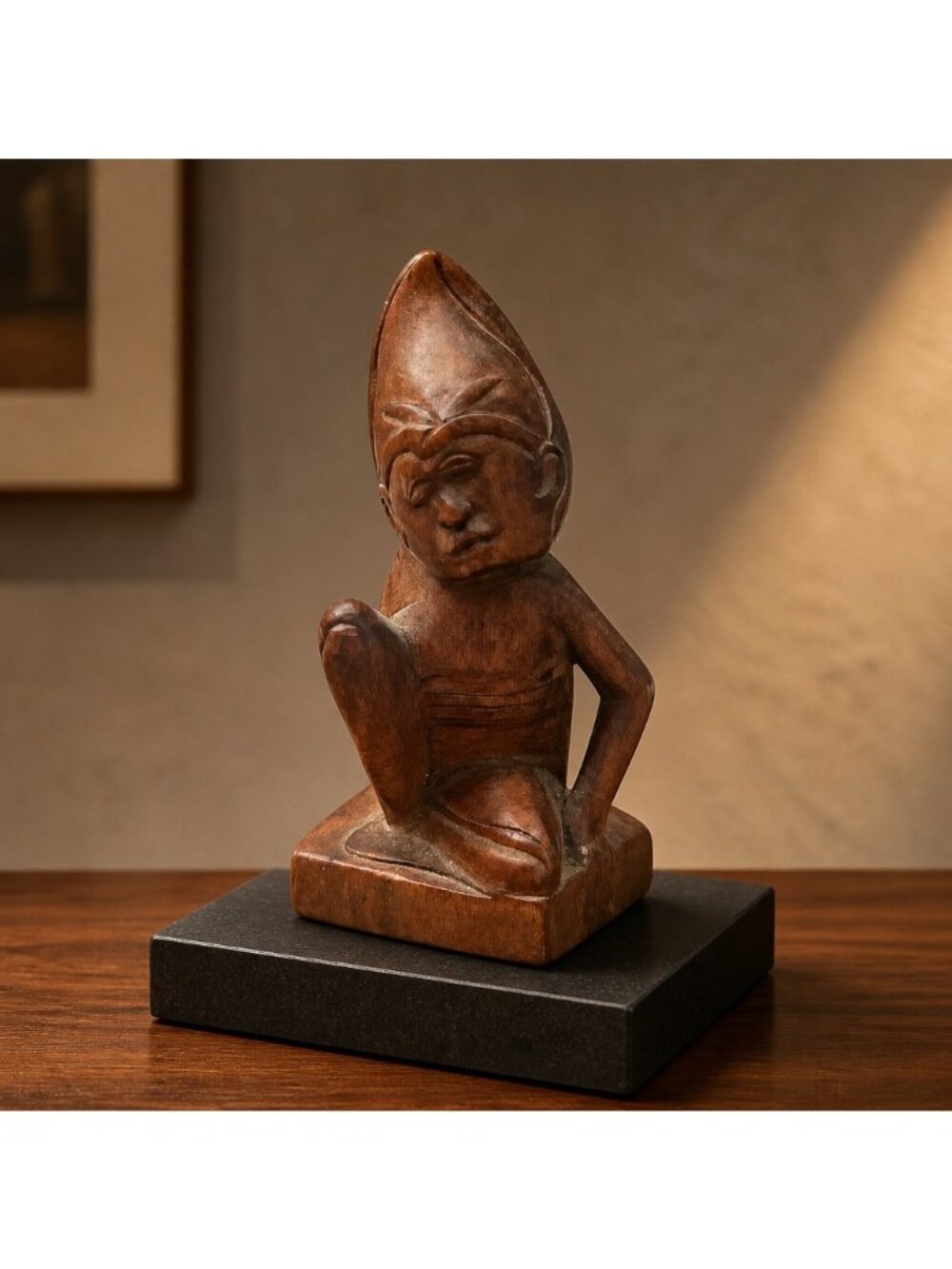 Vintage Hand-Carved Balinese Wooden Figurine Sitting Character With Detailed Fea